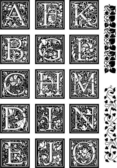 Please note - there is currently a 3 week lead time on this set. William Morris Inspired Cloister Letter stamp and stencil set plus Arts & Crafts style letter set