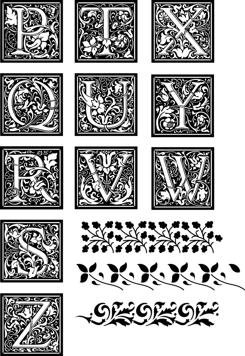 Please note - there is currently a 3 week lead time on this set. William Morris Inspired Cloister Letter stamp and stencil set plus Arts & Crafts style letter set