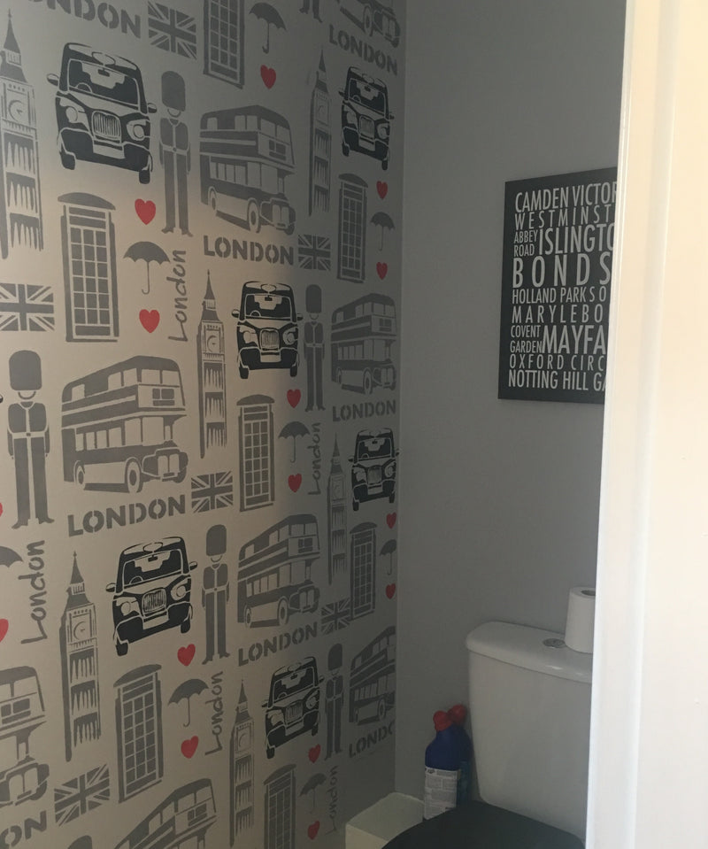 London allover painted wall stencil, wallpaper alternative