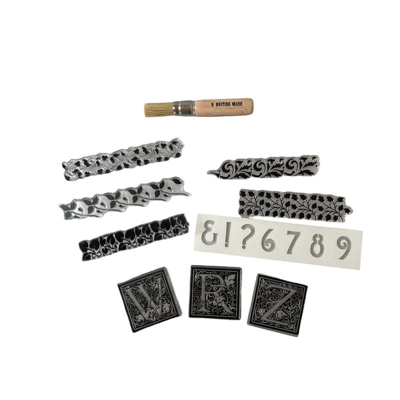 William Morris Inspired Cloister Letter stamp and stencil set plus Arts & Crafts style letter set